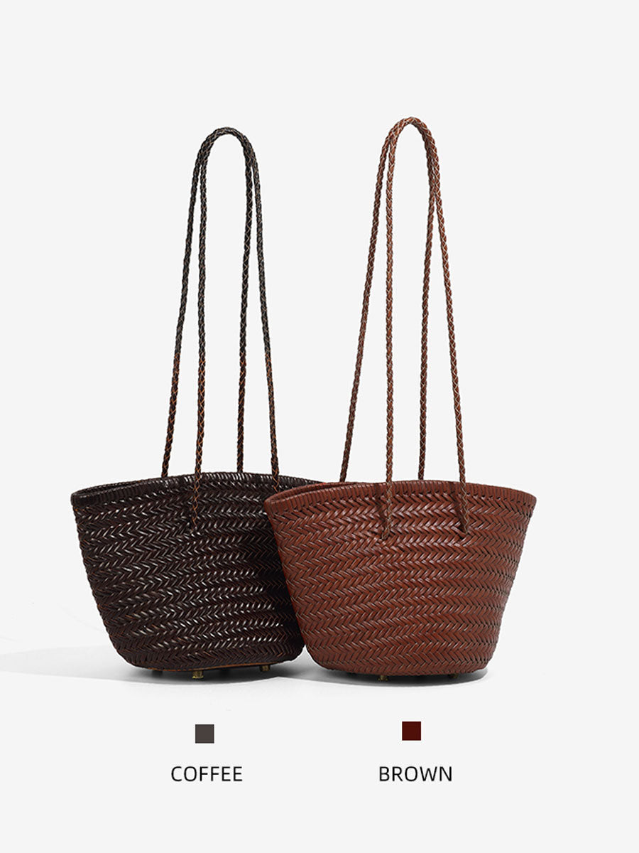 French Vintage Real Leather Bucket Tote Brown