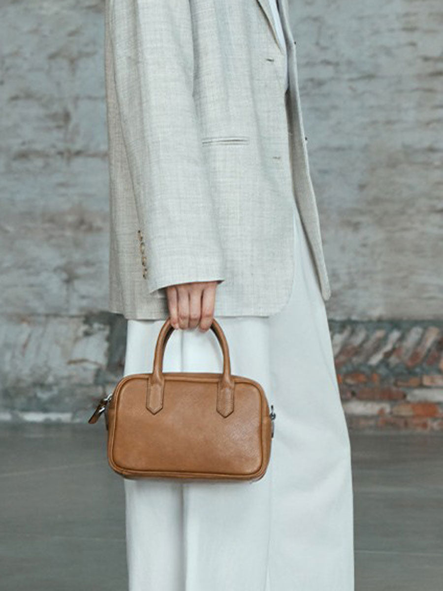 Vintage Leather Box Tote Bag Orange