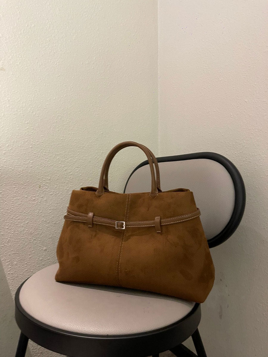 Vintage Suede Tote Bag With Strap Brown Leather