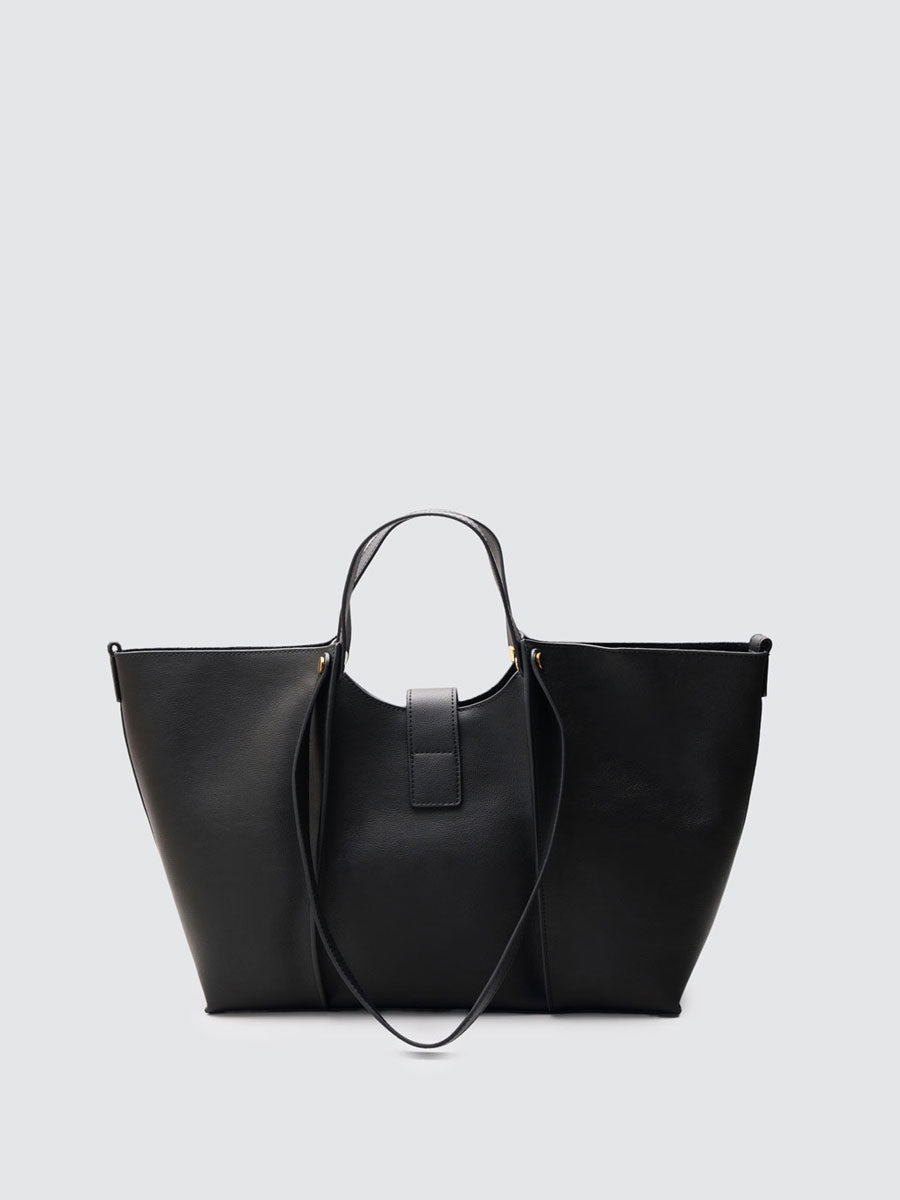 Oversize Real Leather Tote Bag with Gold Clasp Black