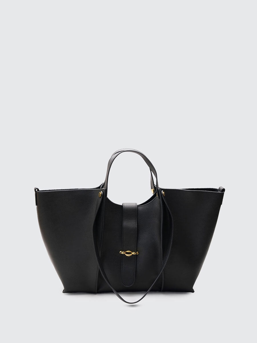 Oversize Real Leather Tote Bag with Gold Clasp Black