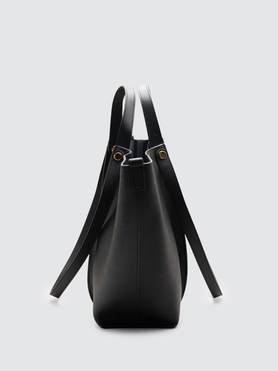 Oversize Real Leather Tote Bag with Gold Clasp Black