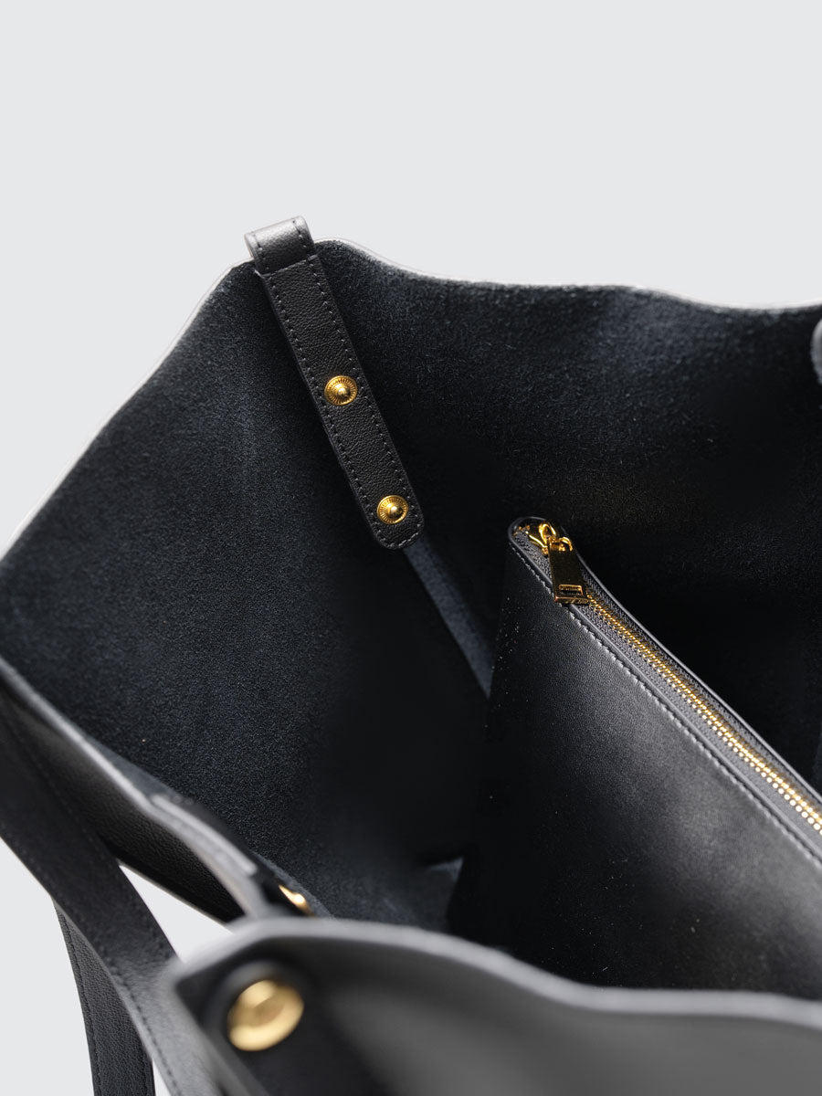 Oversize Real Leather Tote Bag with Gold Clasp Black