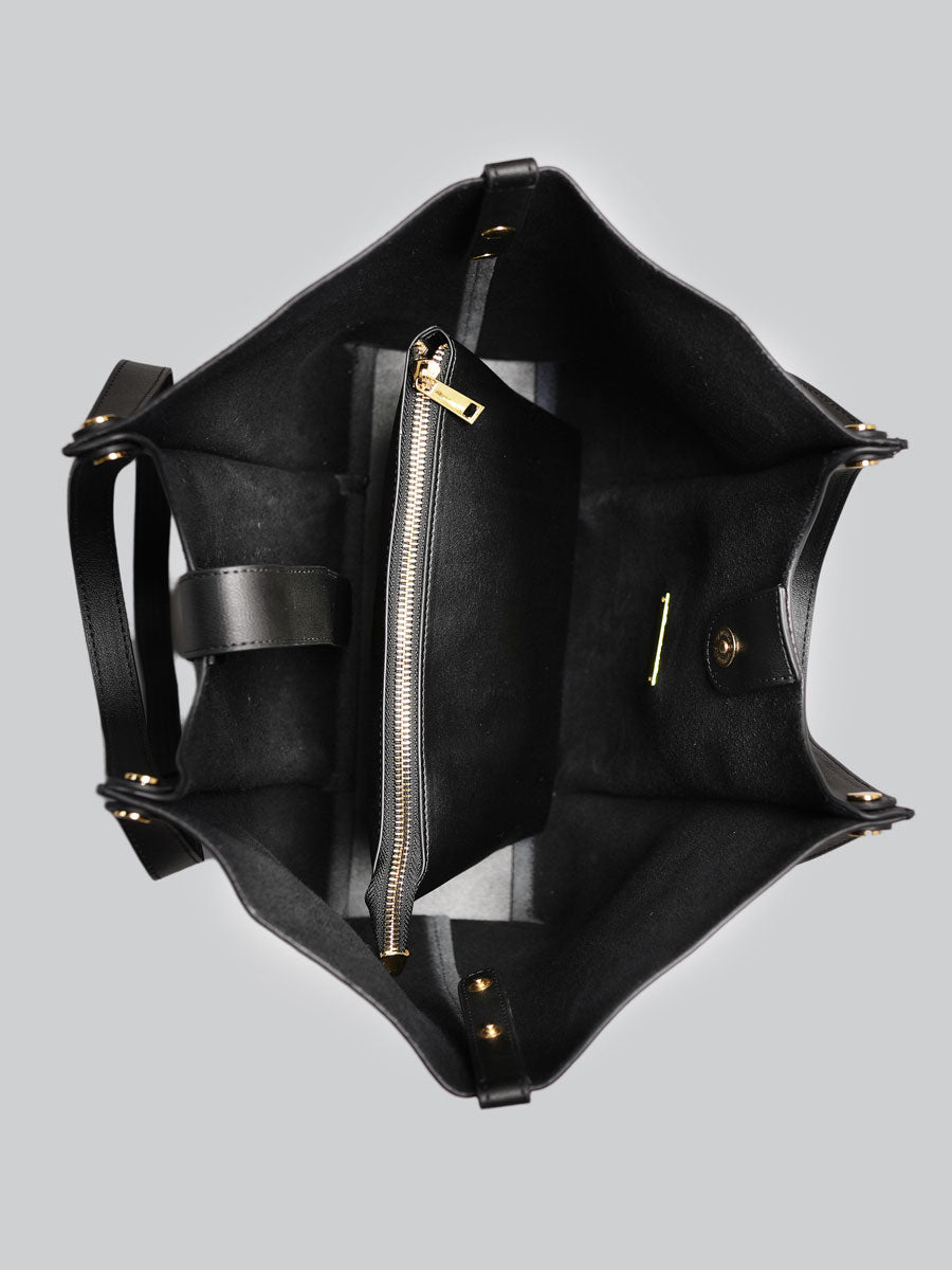Oversize Real Leather Tote Bag with Gold Clasp Black