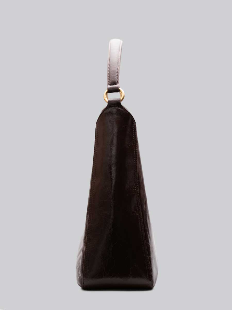 Real Leather Hobo Bag with Gold Logo Black