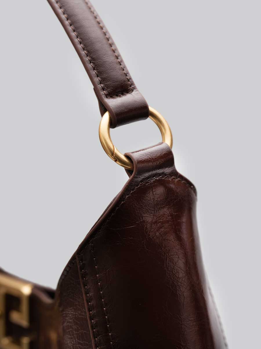 Real Leather Hobo Bag with Gold Logo Black