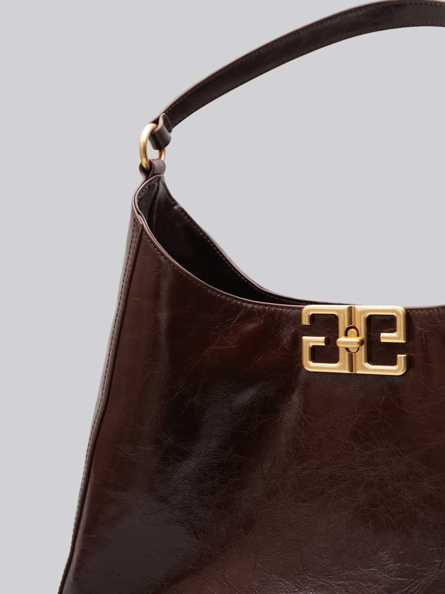 Real Leather Hobo Bag with Gold Logo Black
