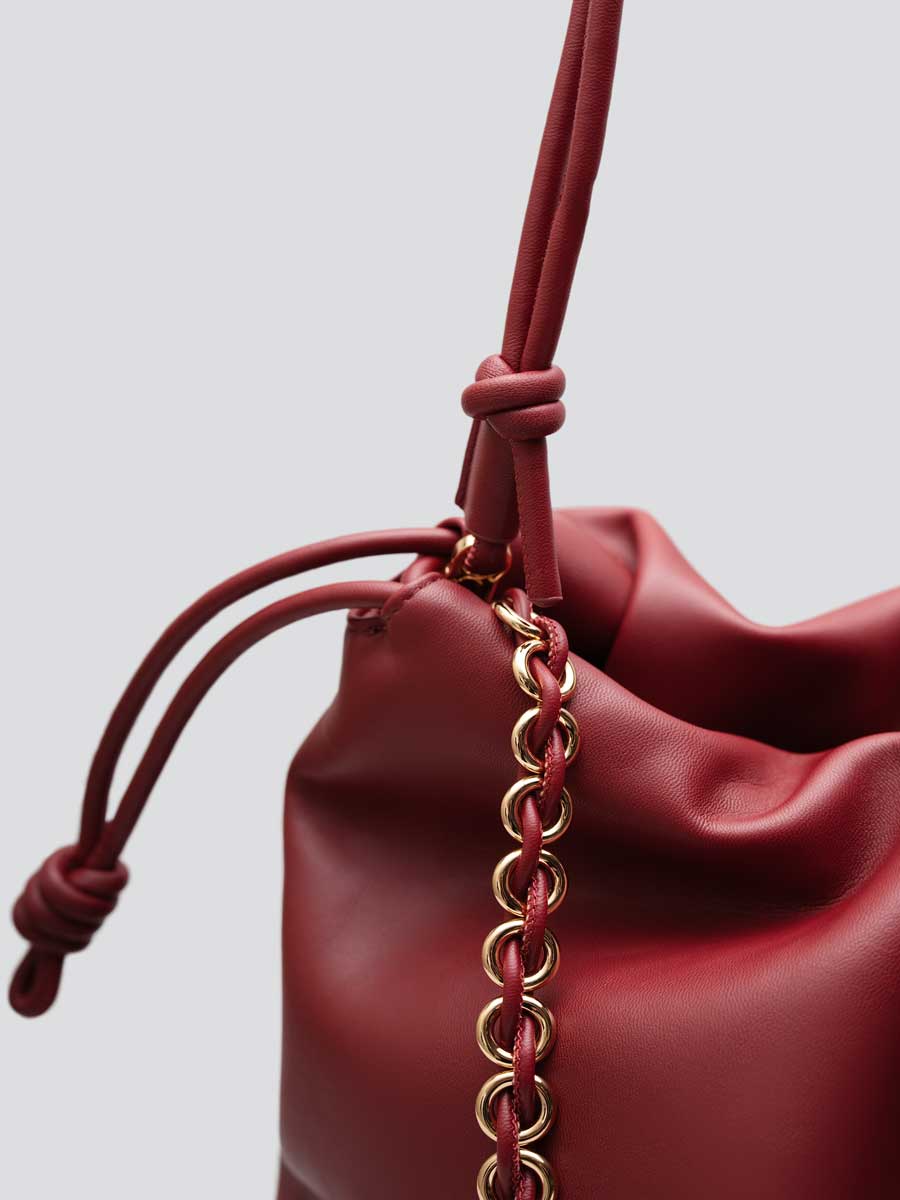 Real Leather Drawstring Hobo Purse Shoulder Bag with Adjustable Strap Red