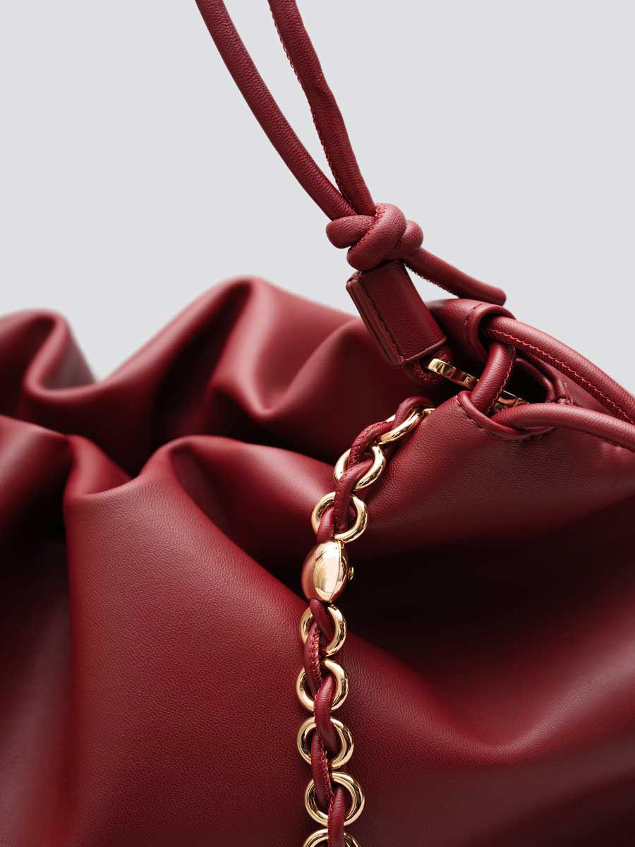 Real Leather Drawstring Hobo Purse Shoulder Bag with Adjustable Strap Red
