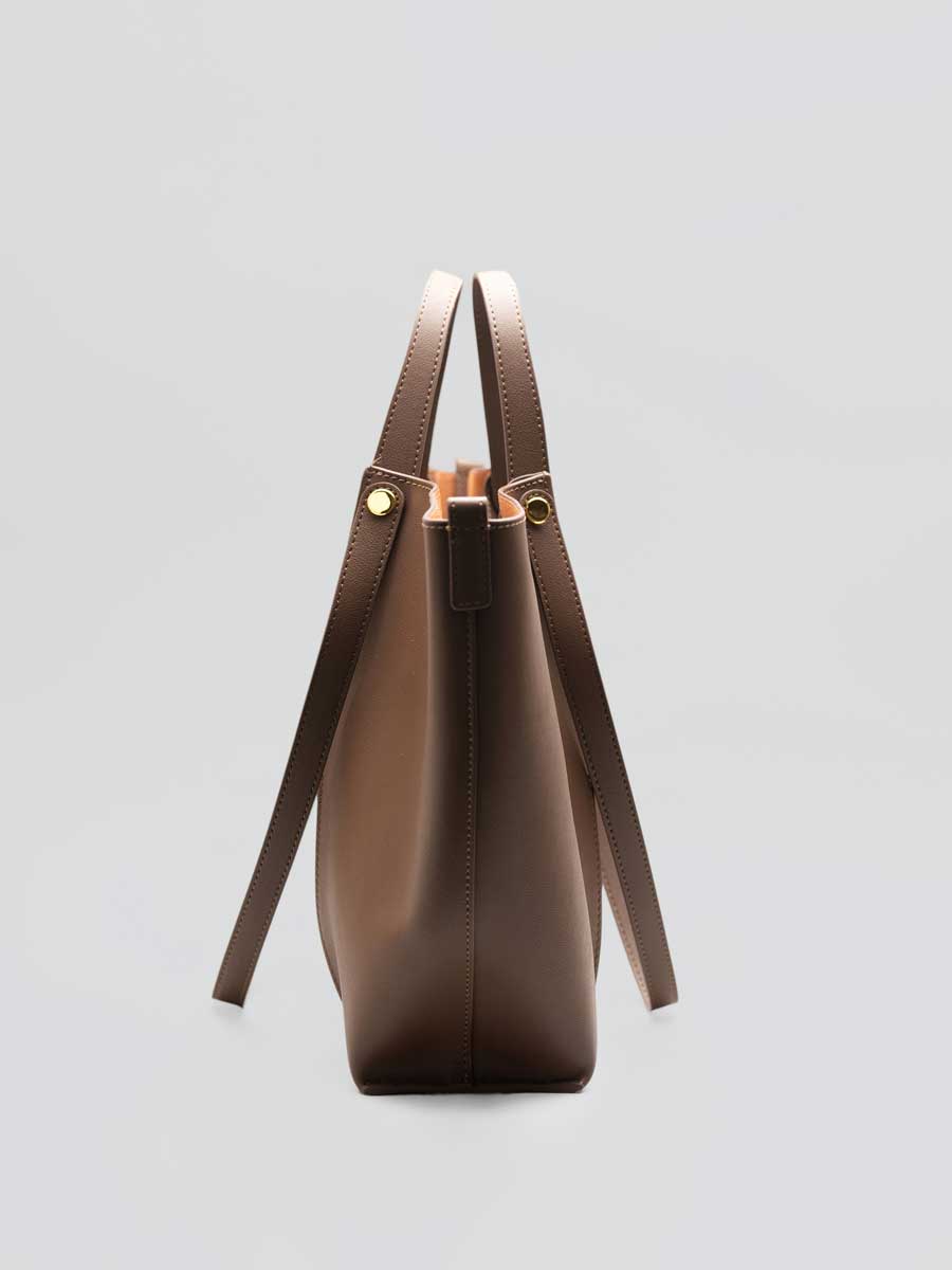Oversize Real Leather Tote Bag with Gold Clasp Brown