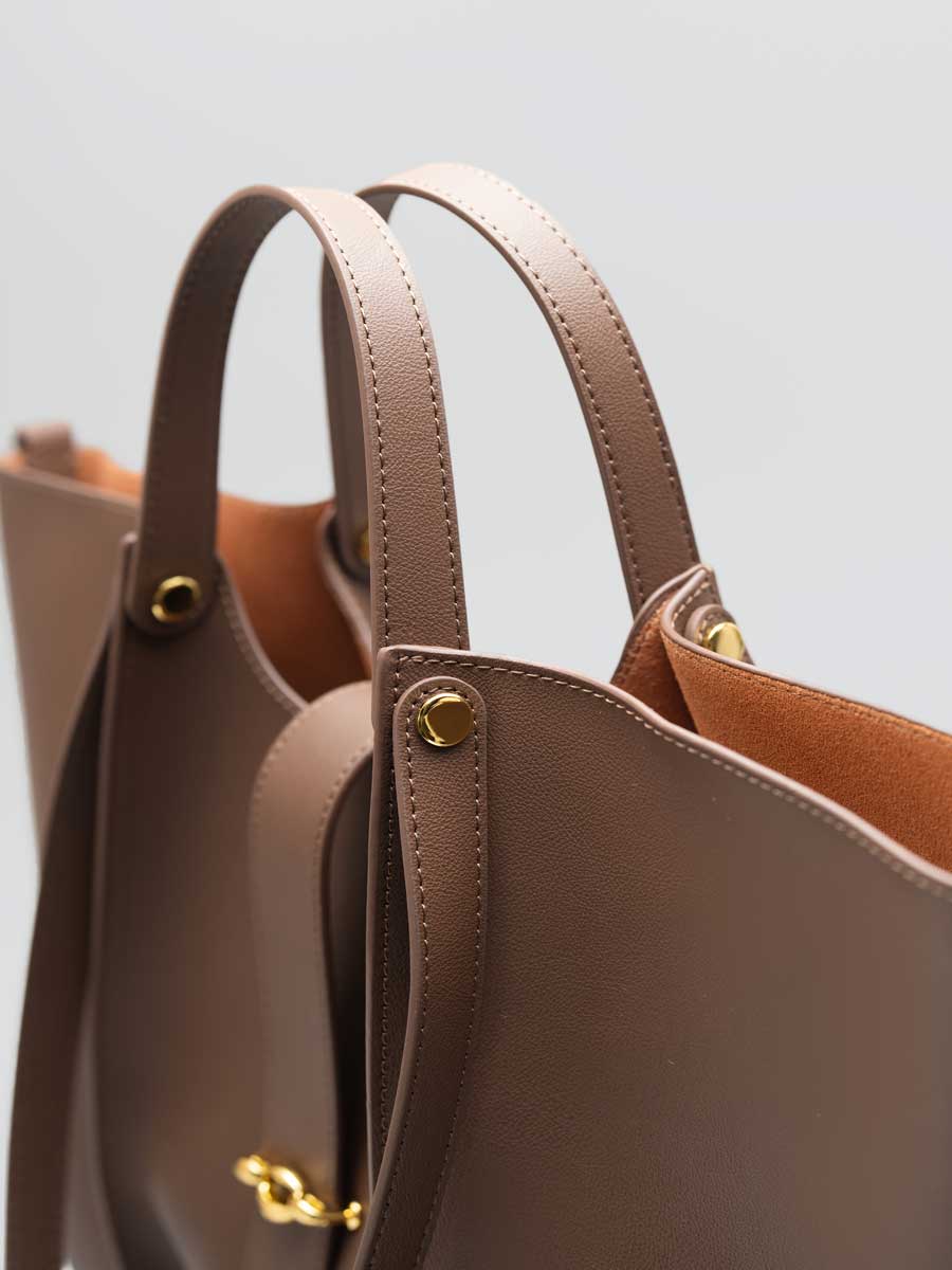 Oversize Real Leather Tote Bag with Gold Clasp Brown