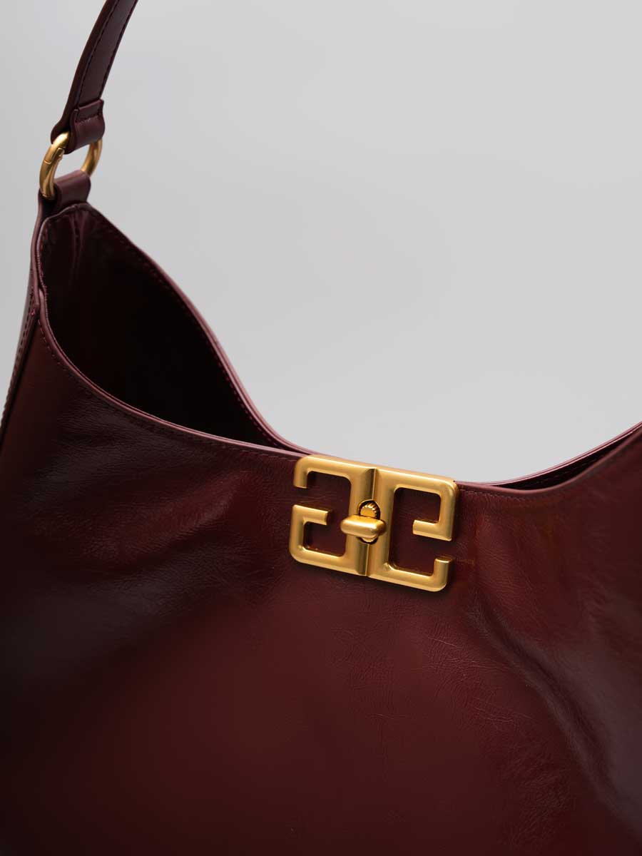 Real Leather Hobo Bag with Gold Logo Red