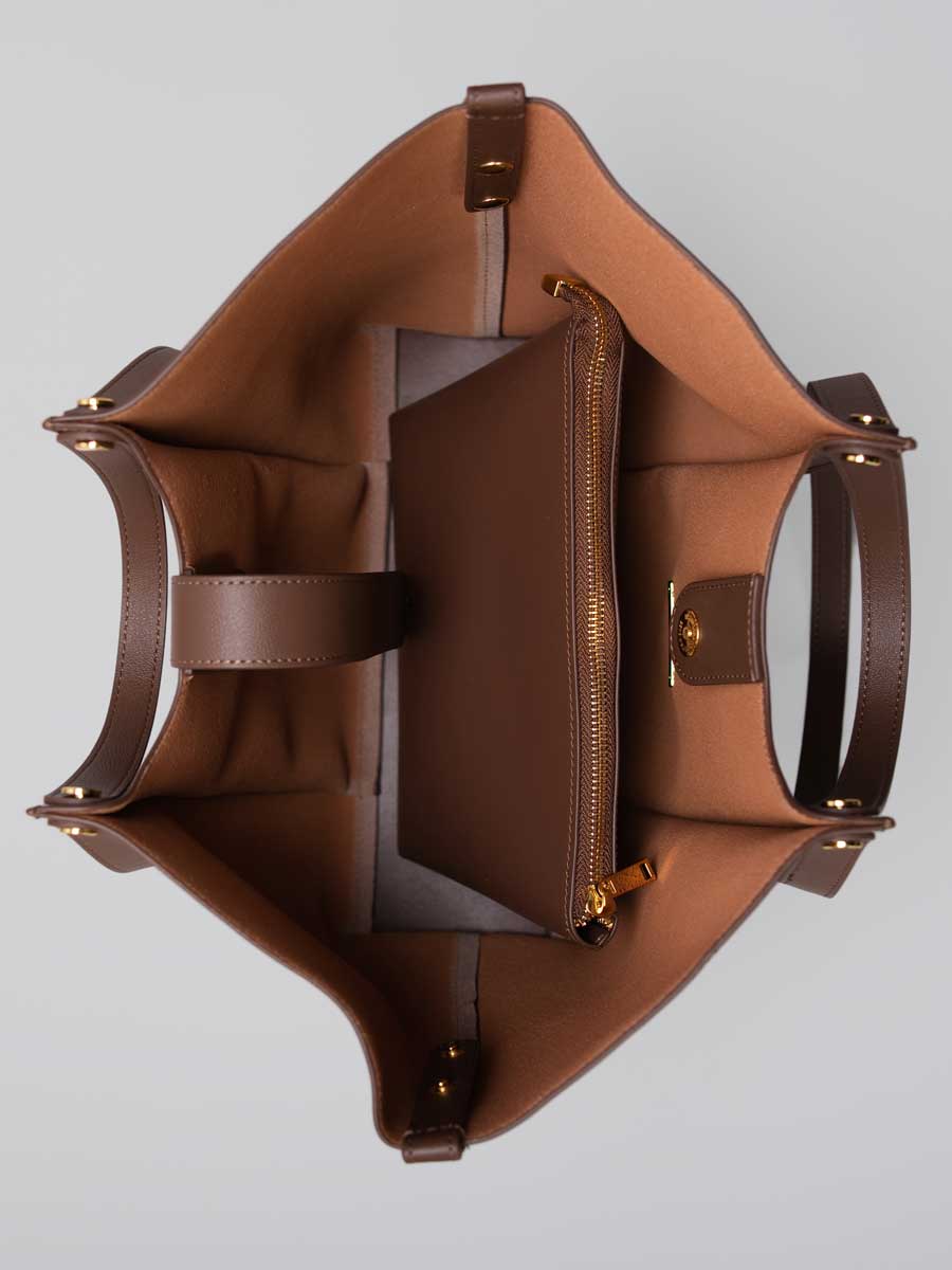 Oversize Real Leather Tote Bag with Gold Clasp Brown