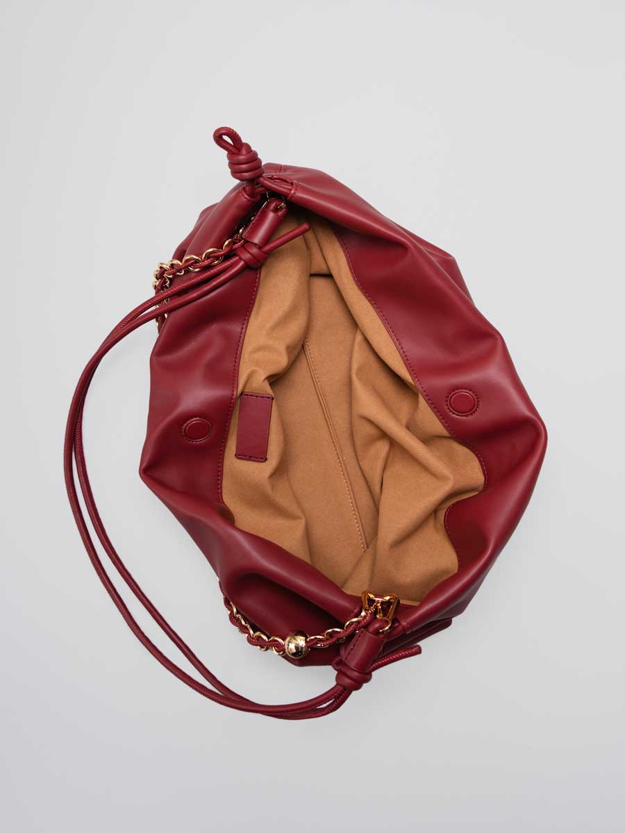 Real Leather Drawstring Hobo Purse Shoulder Bag with Adjustable Strap Red