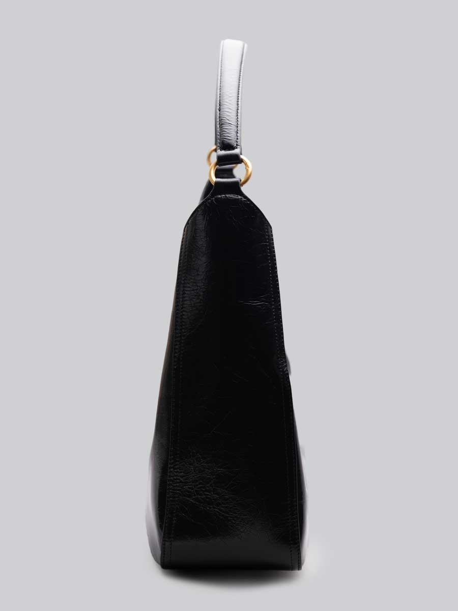 Real Leather Hobo Bag with Gold Logo Black