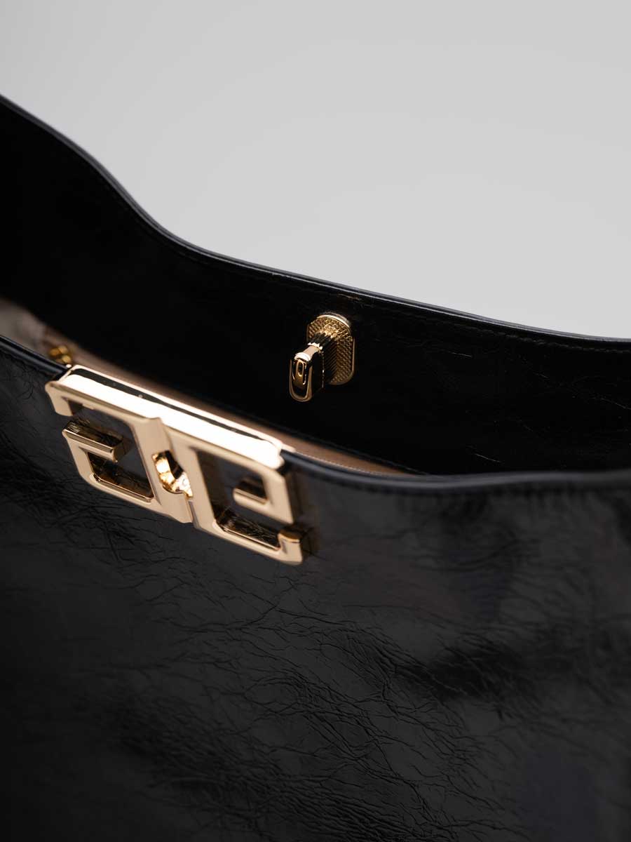 Real Leather Hobo Bag with Gold Logo Black