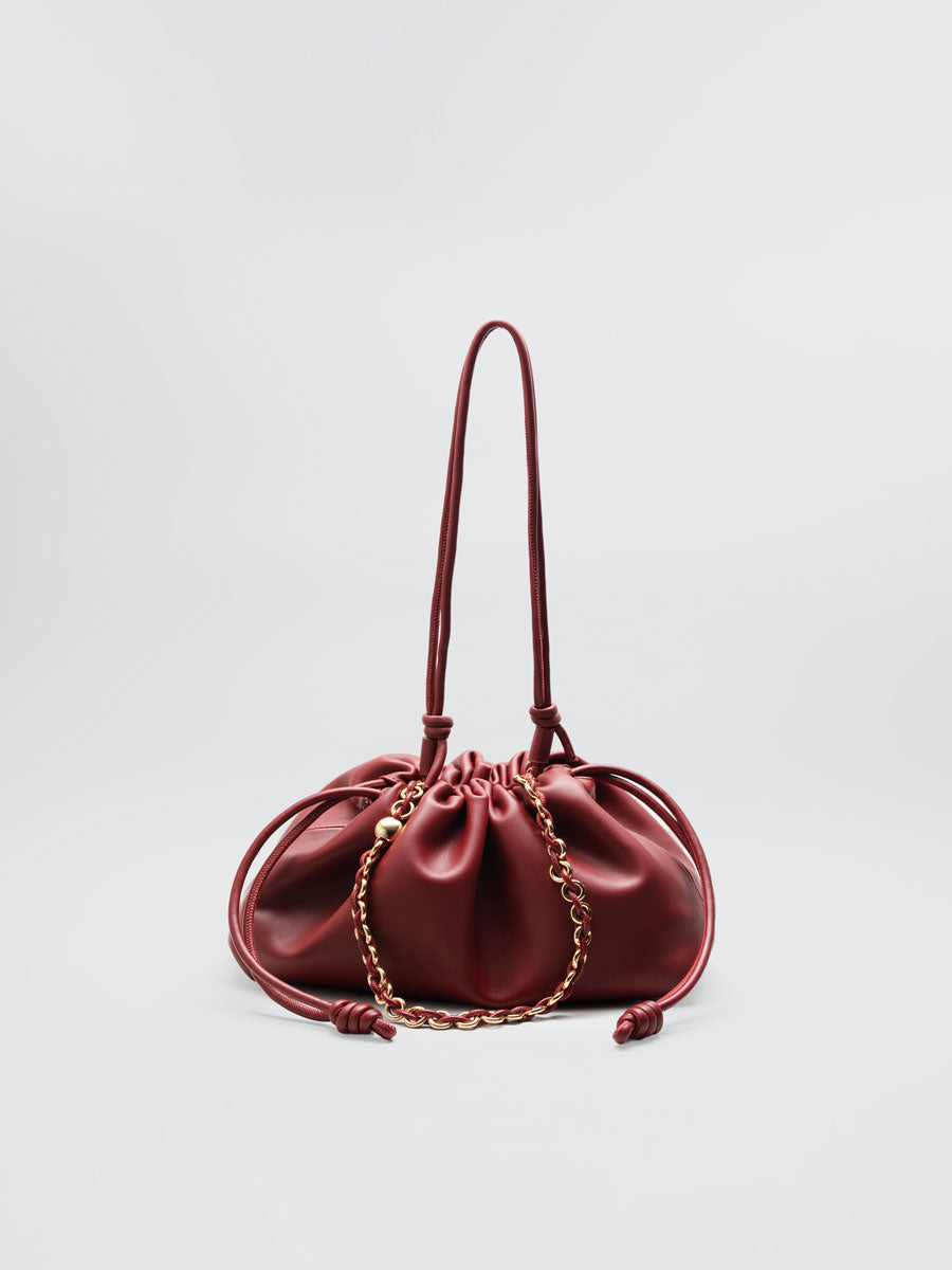Real Leather Drawstring Hobo Purse Shoulder Bag with Adjustable Strap Red