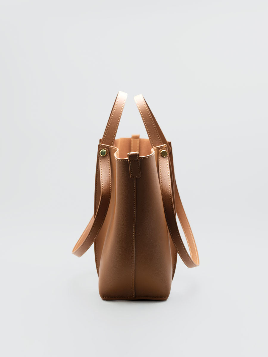 Oversize Real Leather Tote Bag with Gold Clasp Brown