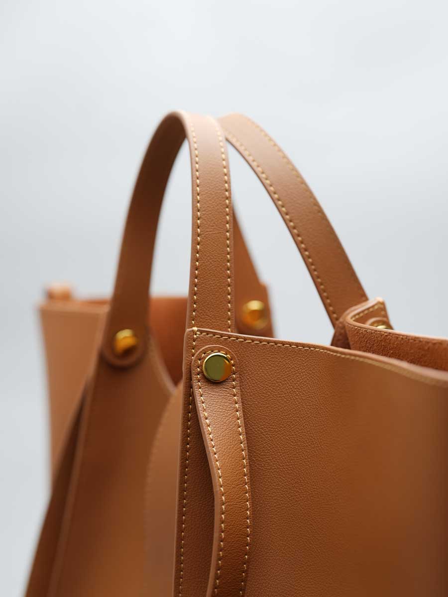Oversize Real Leather Tote Bag with Gold Clasp Brown