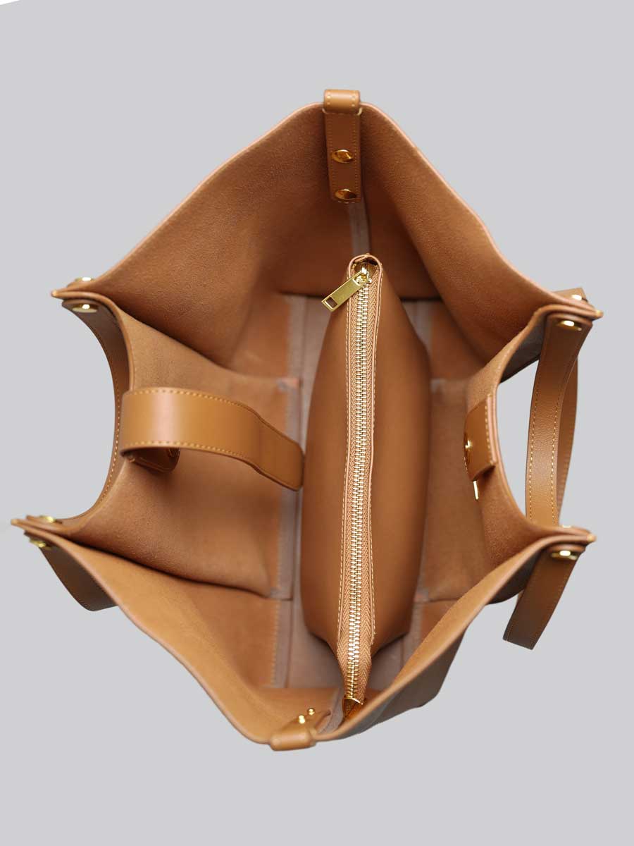 Oversize Real Leather Tote Bag with Gold Clasp Brown