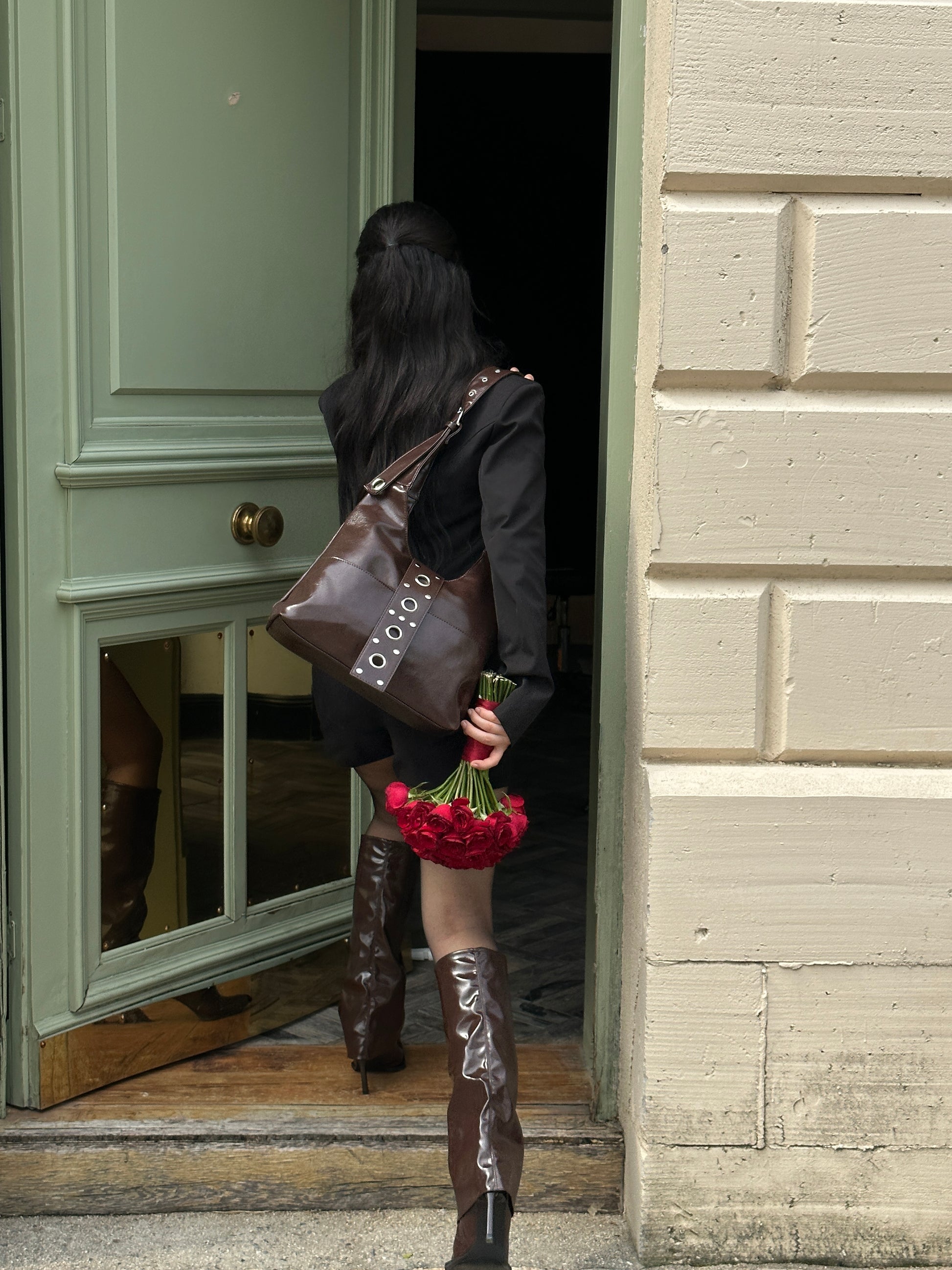 Large Patent Leather Hobo Bag with Grommet Strap Brown