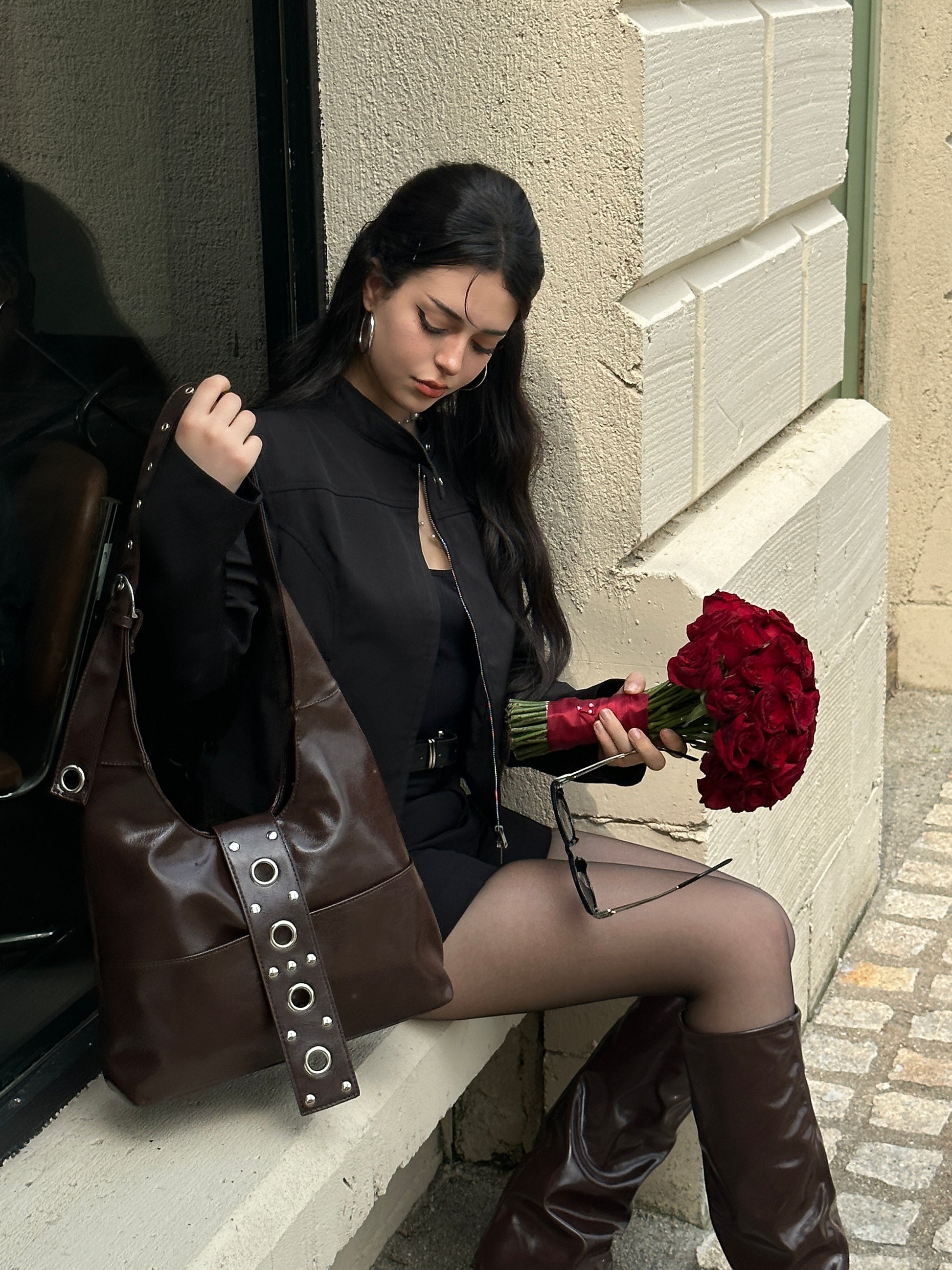 Large Patent Leather Hobo Bag with Grommet Strap Brown
