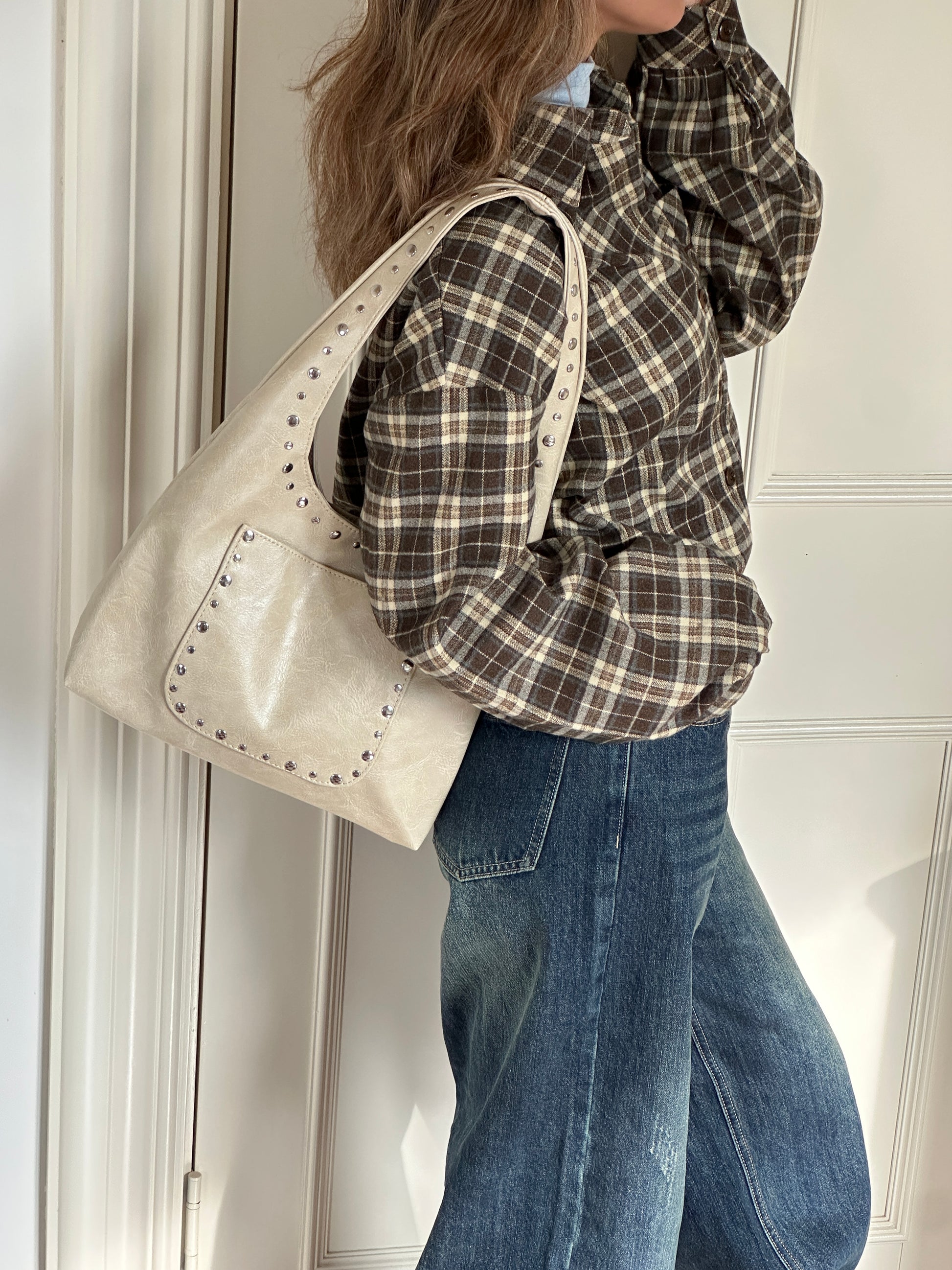 Studded Soft Leather Shoulder Tote Handbag Beige