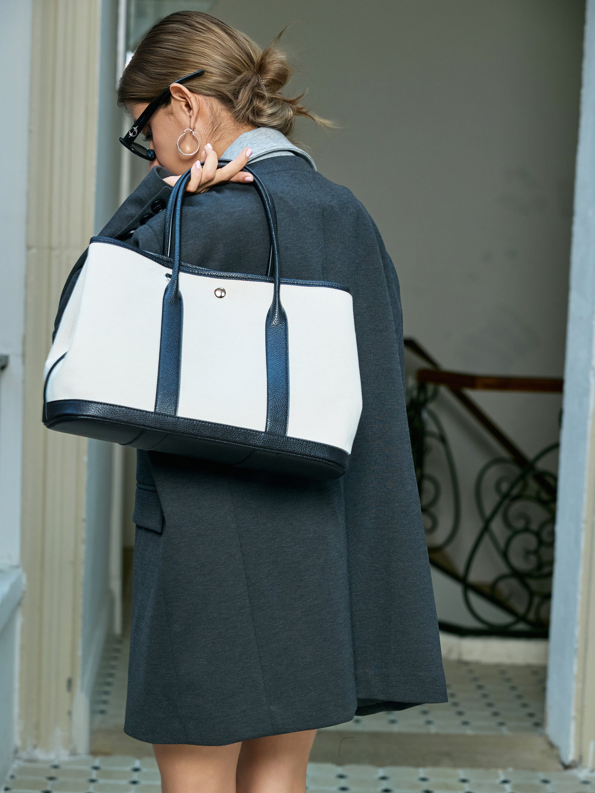Minimalist Canvas Real Leather Tote Bag White