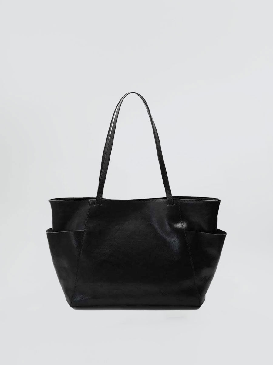 Oversize Leather Tote Shopper Handbag Black