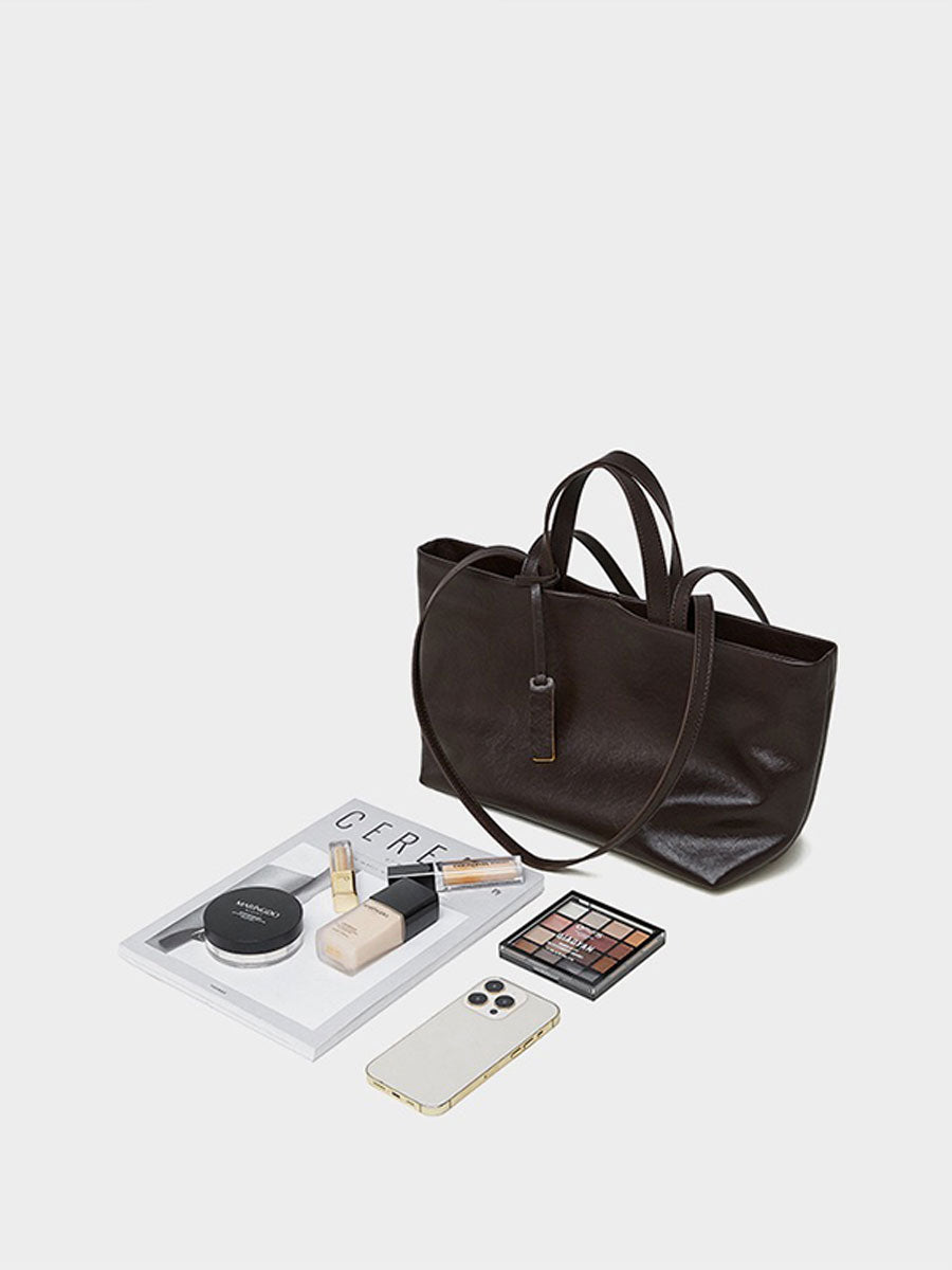 Oversize Genuine Leather Dual Handle Tote Bag Coffee