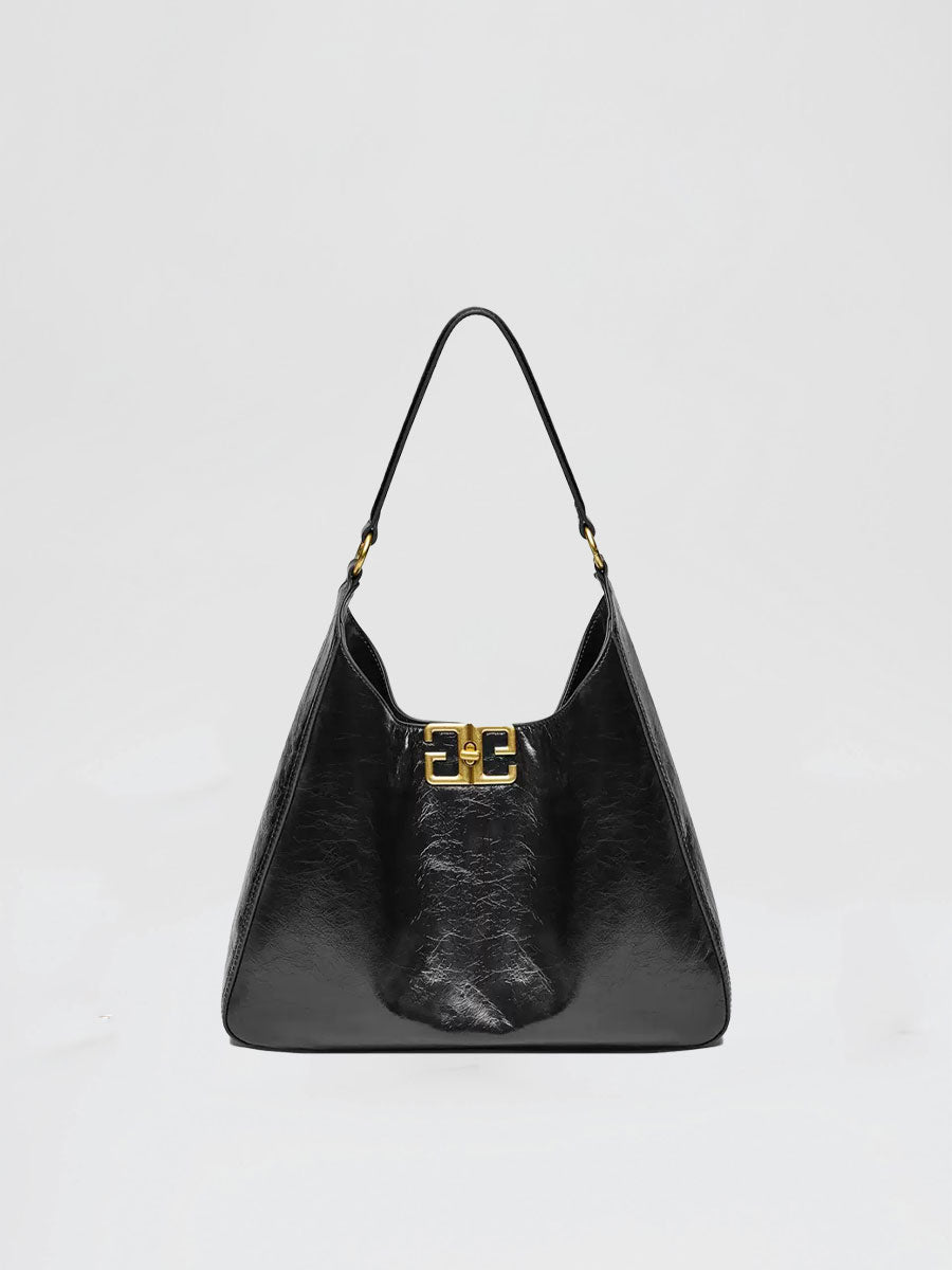 Real Leather Hobo Bag with Gold Logo Black
