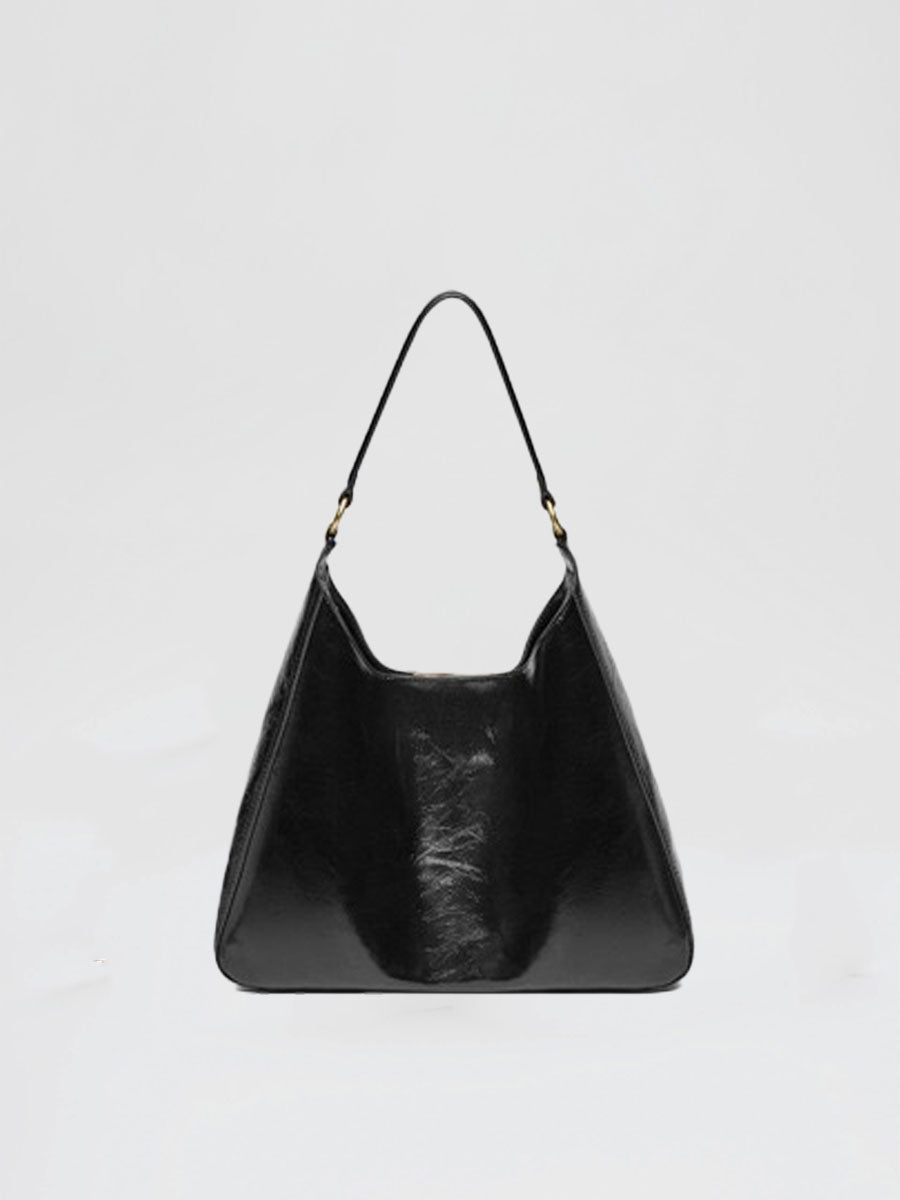 Real Leather Hobo Bag with Gold Logo Black