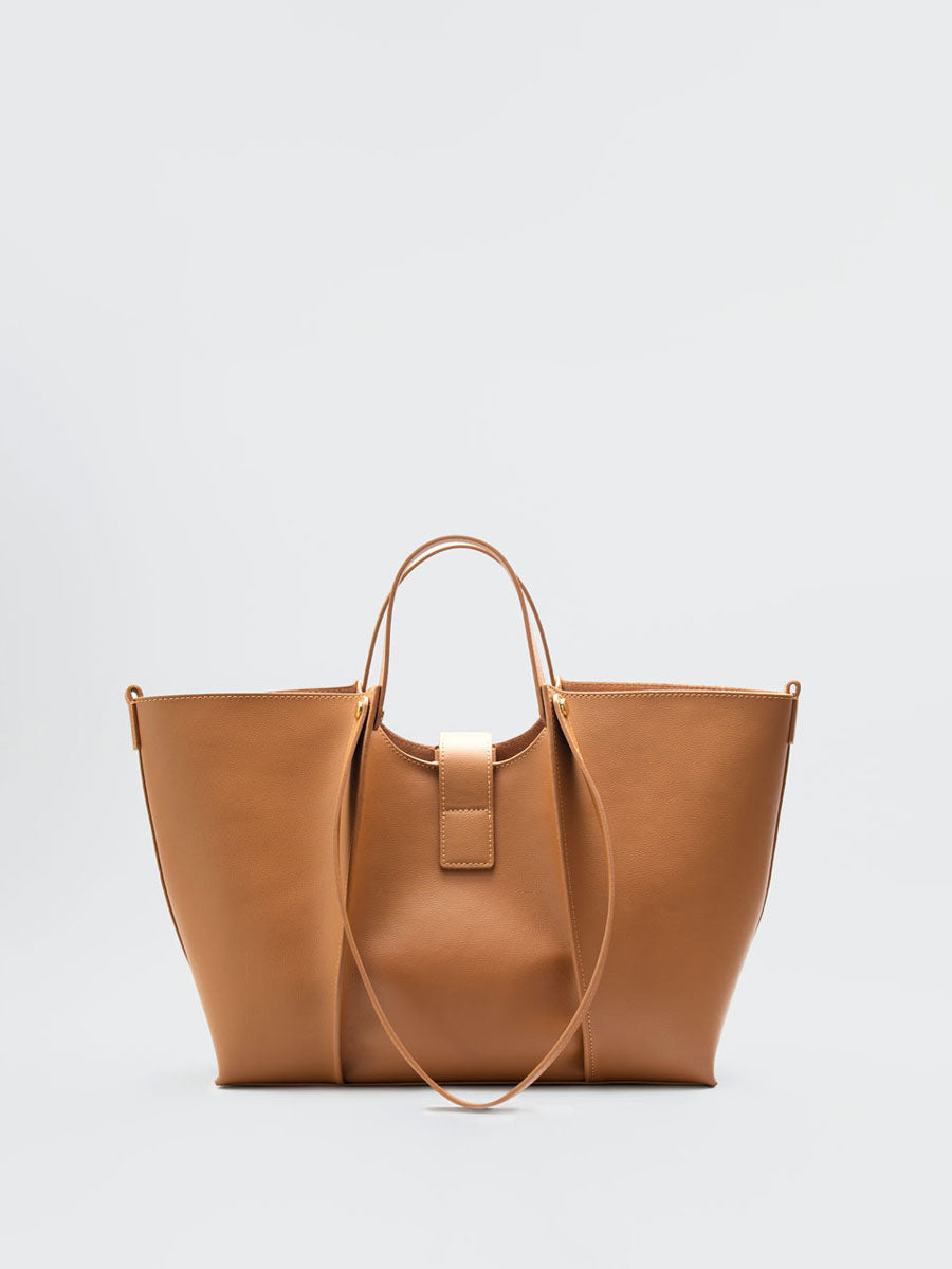Oversize Real Leather Tote Bag with Gold Clasp Brown