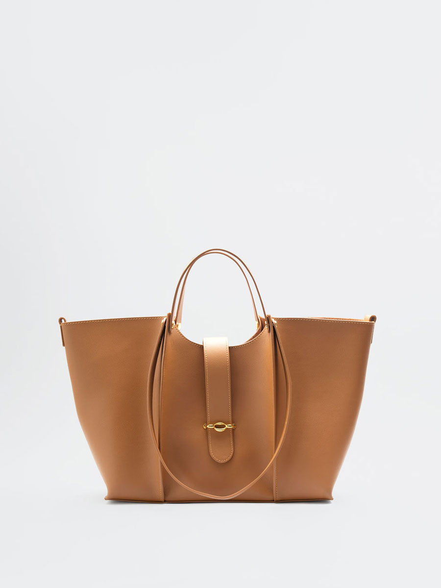 Oversize Real Leather Tote Bag with Gold Clasp Brown