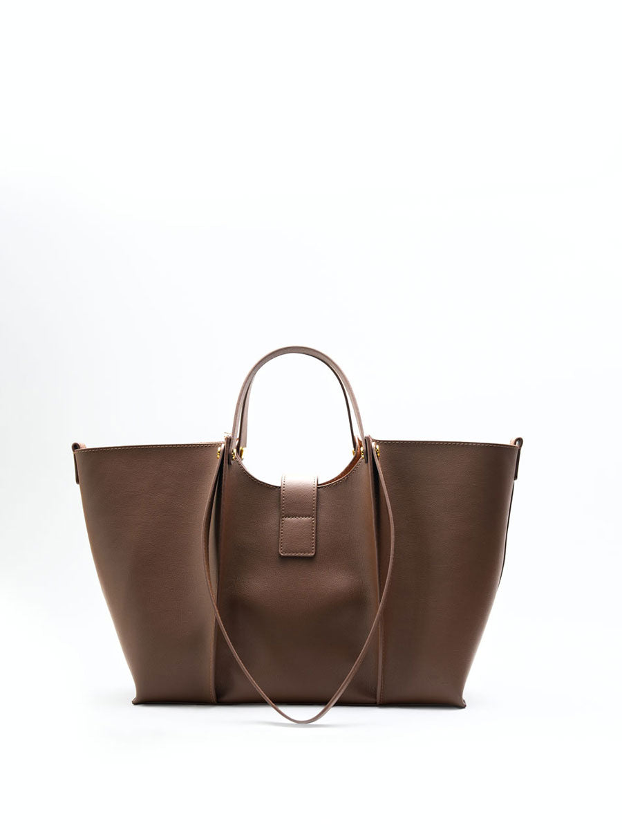 Oversize Real Leather Tote Bag with Gold Clasp Brown