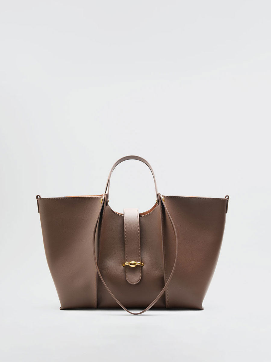 Oversize Real Leather Tote Bag with Gold Clasp Brown