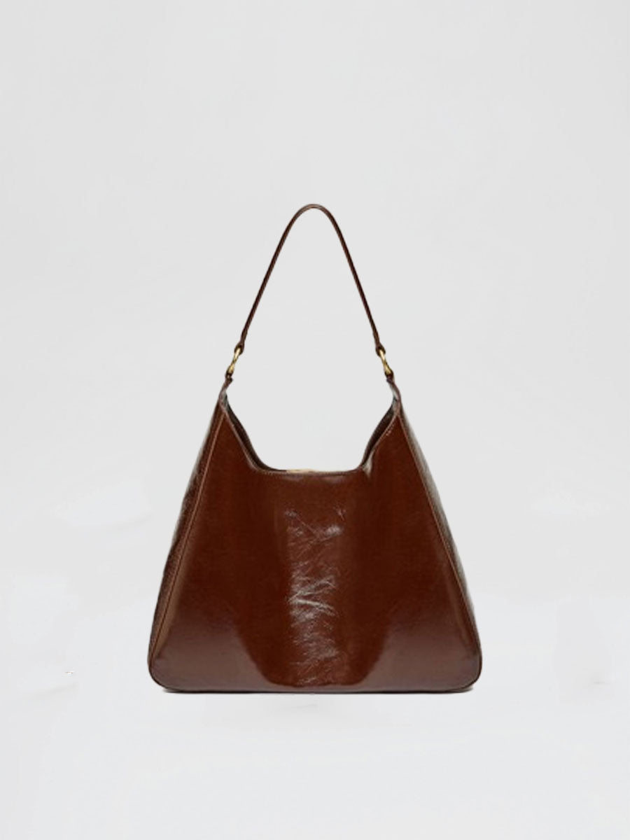 Real Leather Hobo Bag with Gold Logo Black
