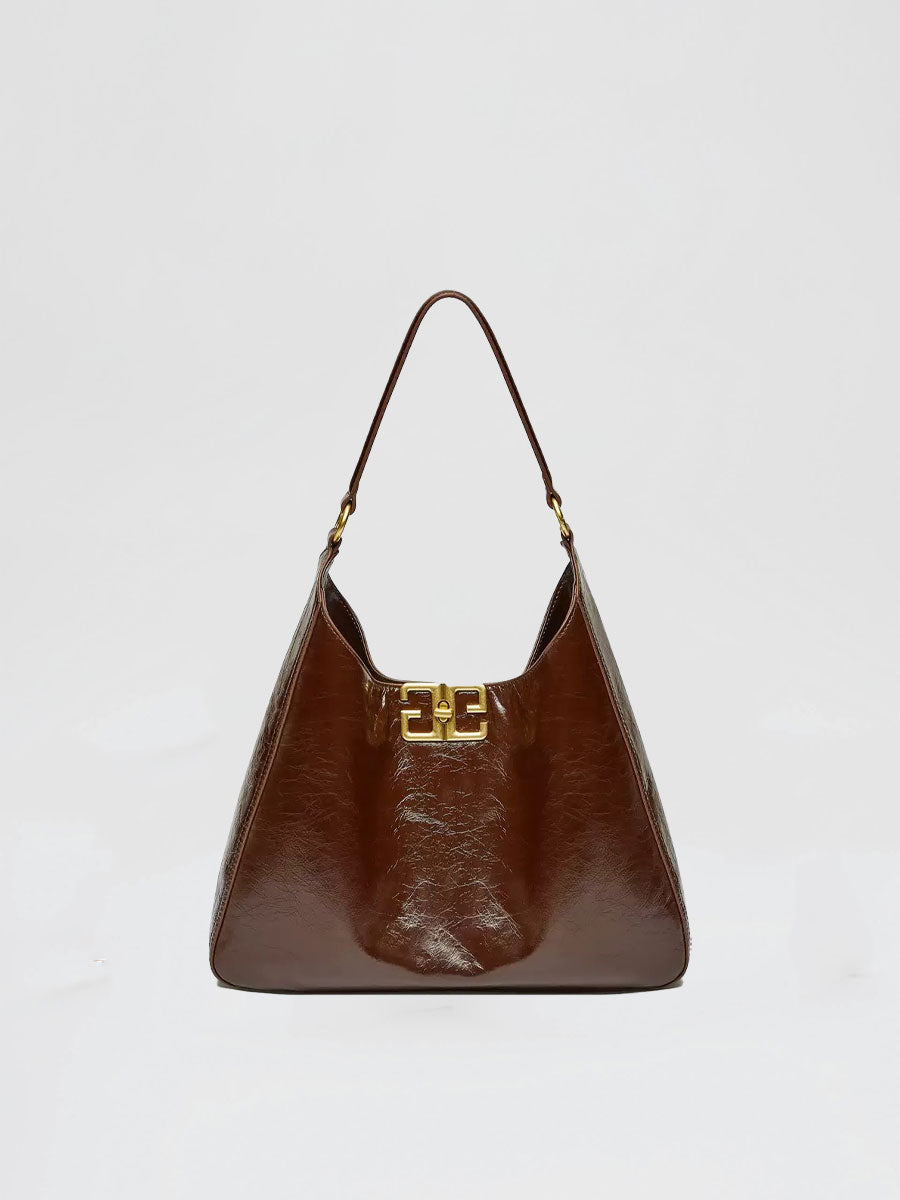 Real Leather Hobo Bag with Gold Logo Black