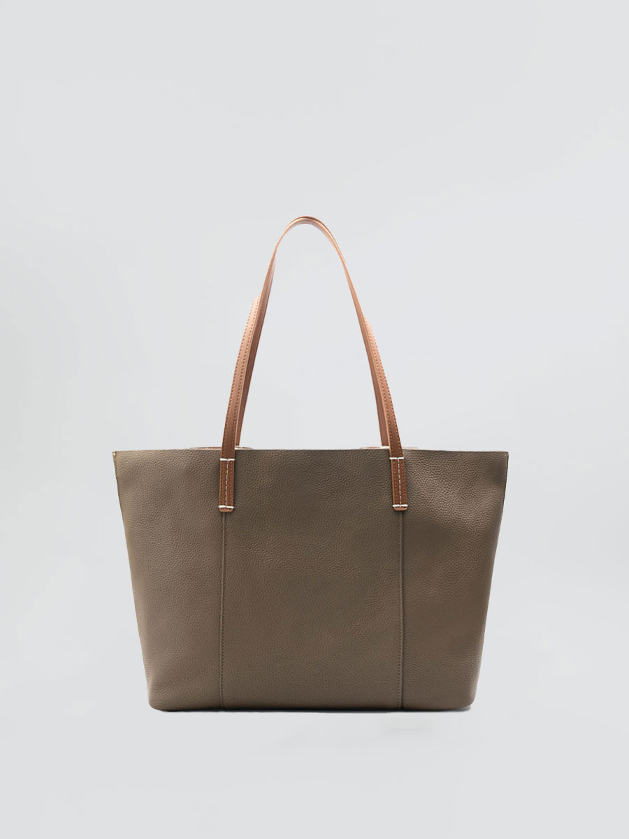 Oversize Genuine Leather Tote Bag Shoulder Khaki
