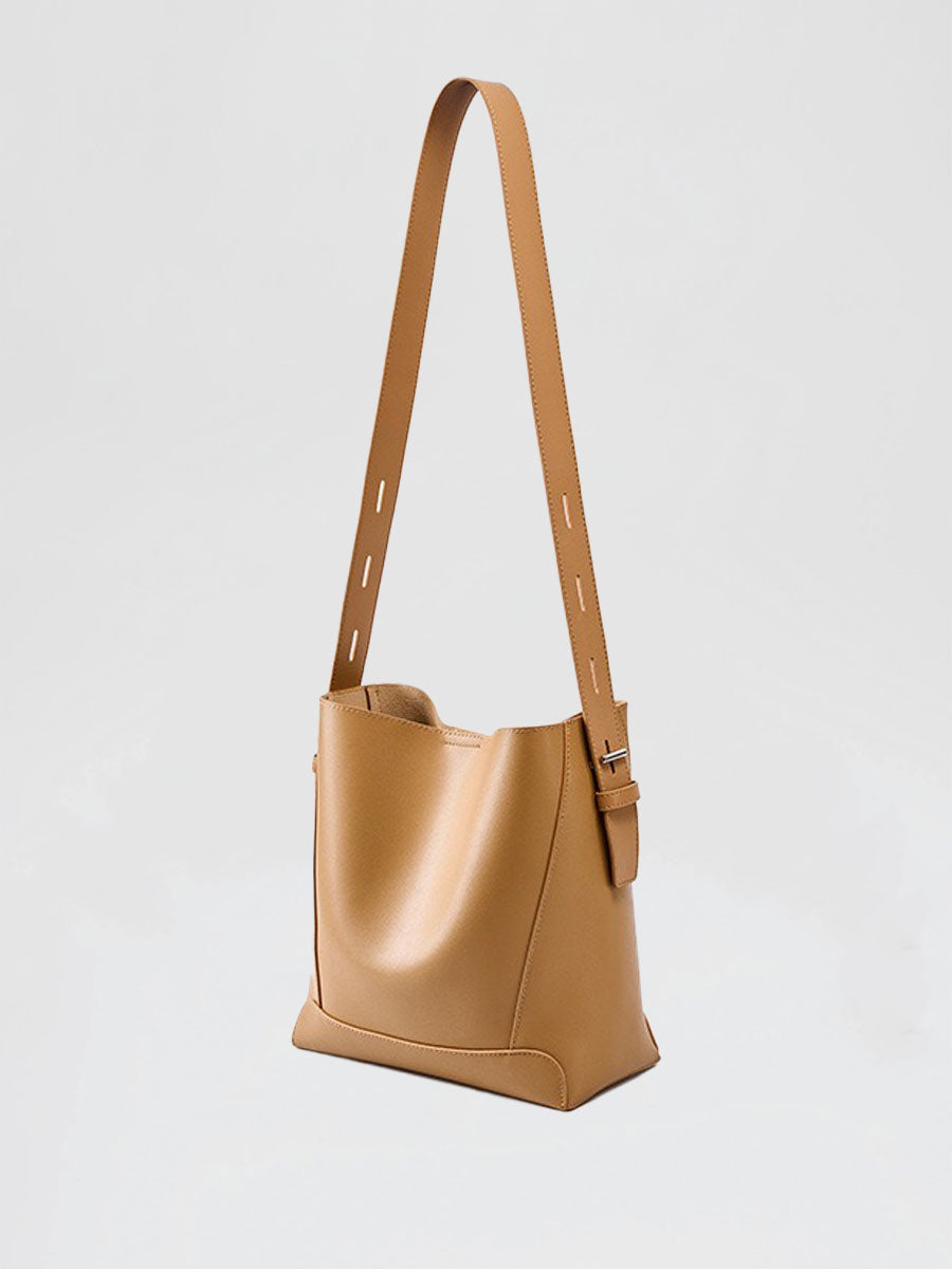 Genuine Leather Bucket Bag Adjustable Strap Brown