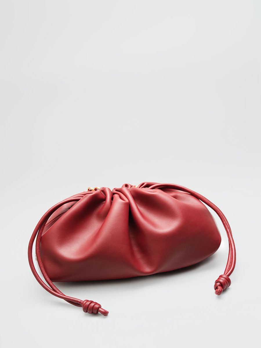 Real Leather Drawstring Hobo Purse Shoulder Bag with Adjustable Strap Red