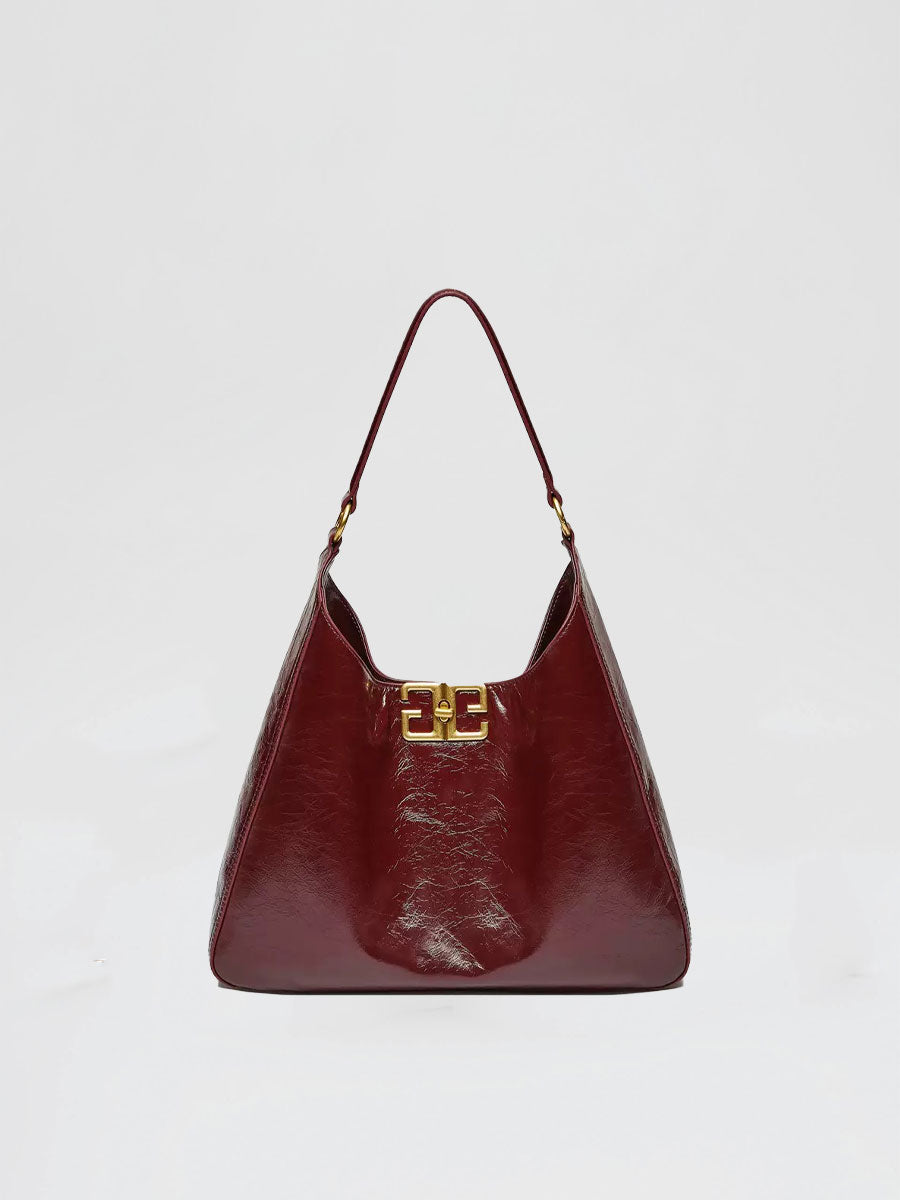 Real Leather Hobo Bag with Gold Logo Red