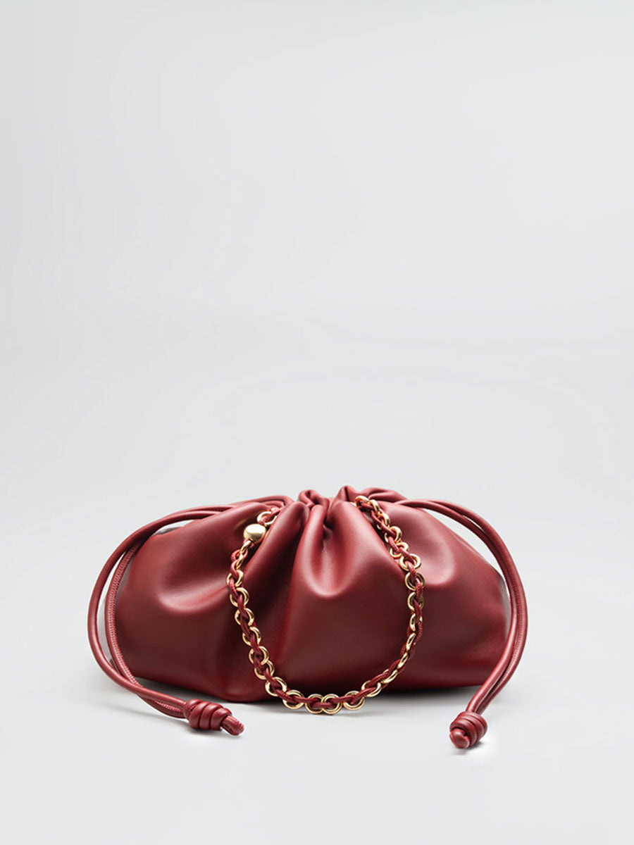 Real Leather Drawstring Hobo Purse Shoulder Bag with Adjustable Strap Red