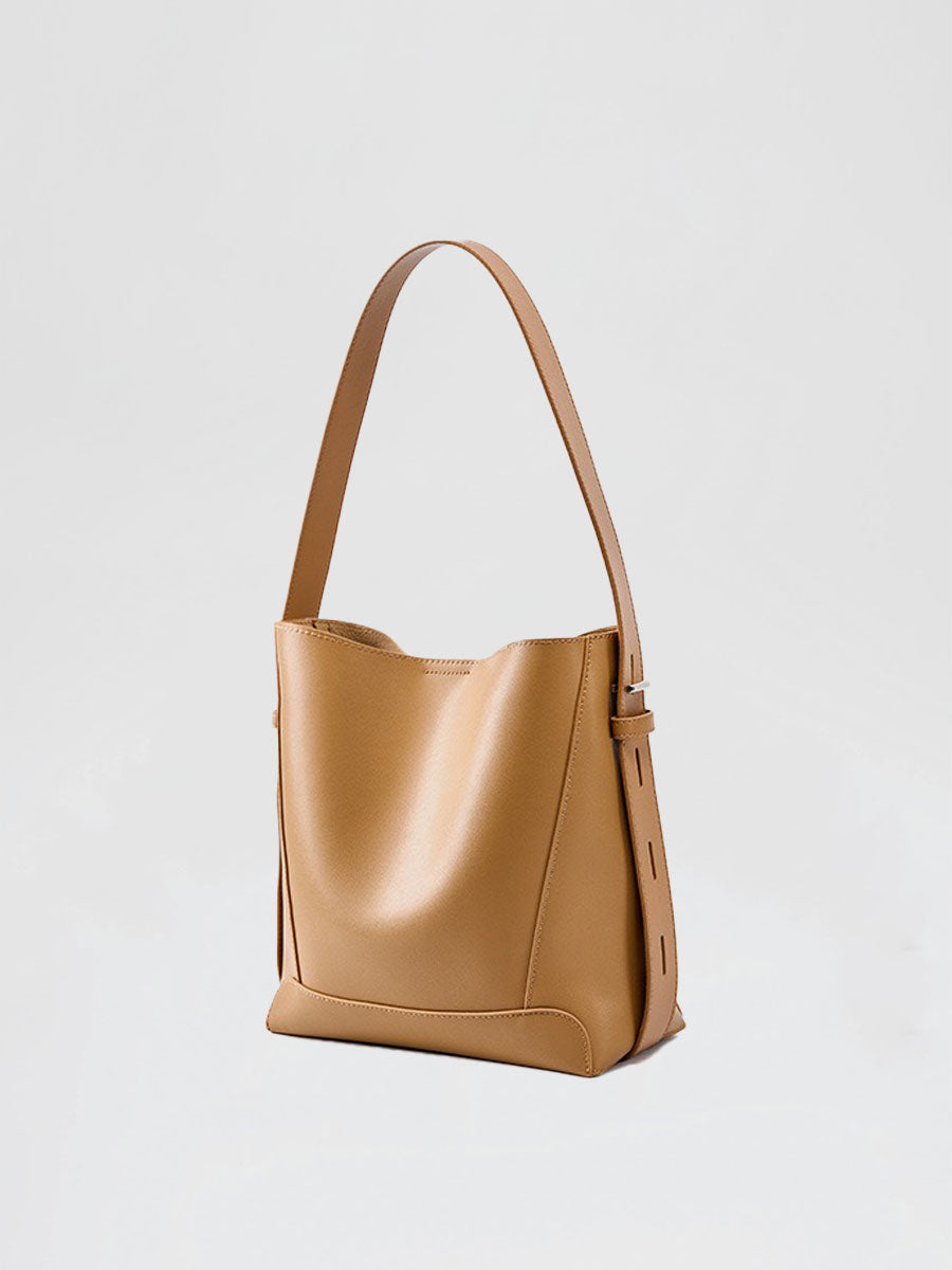 Genuine Leather Bucket Bag Adjustable Strap Brown